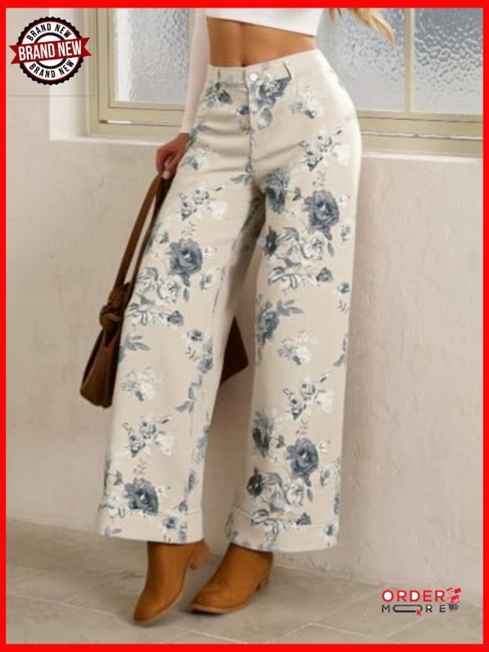 Baggy Wide Leg Floral Jeans High Waisted Boho Denim Pants with Pockets - Picture 4 of 7
